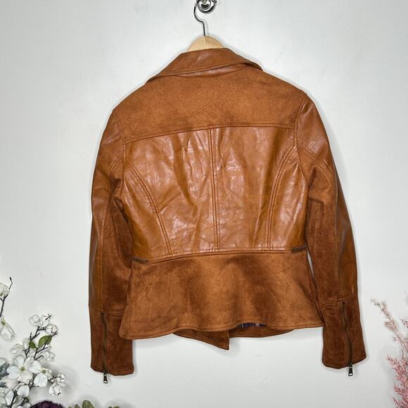 ANTHROPOLOGIE Robyn Faux Leather Moto Jacket Suede Cognac Tan Brown Sz S - Picture 4 of 6